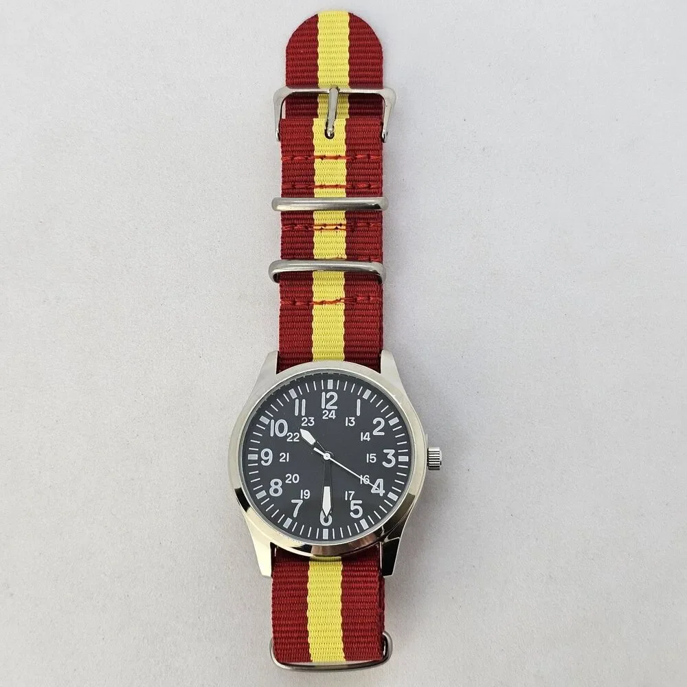 Men's 42MM Field Watch Black Dial Gray‎ Case Red Yellow Canvas Band Strap